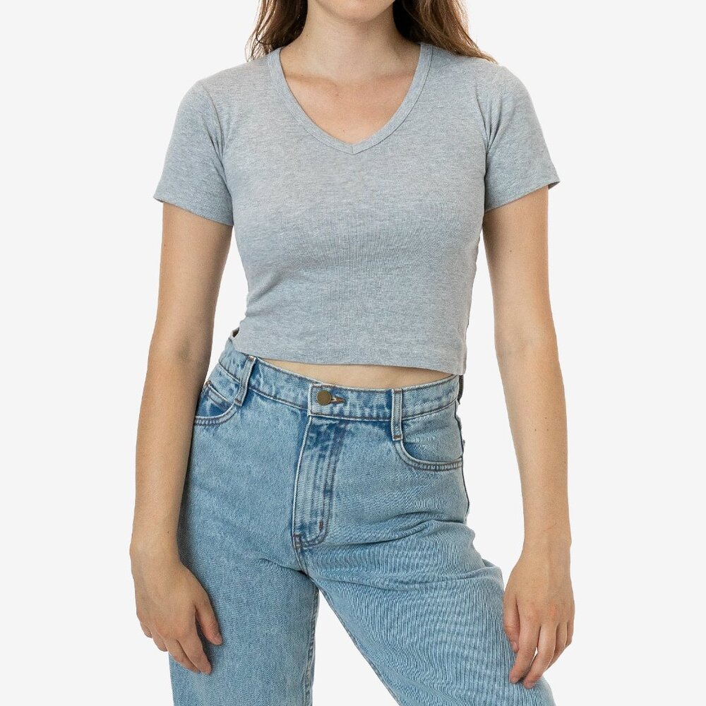 Baby Rib Short Sleeve V-Neck Crop Tee, Grey